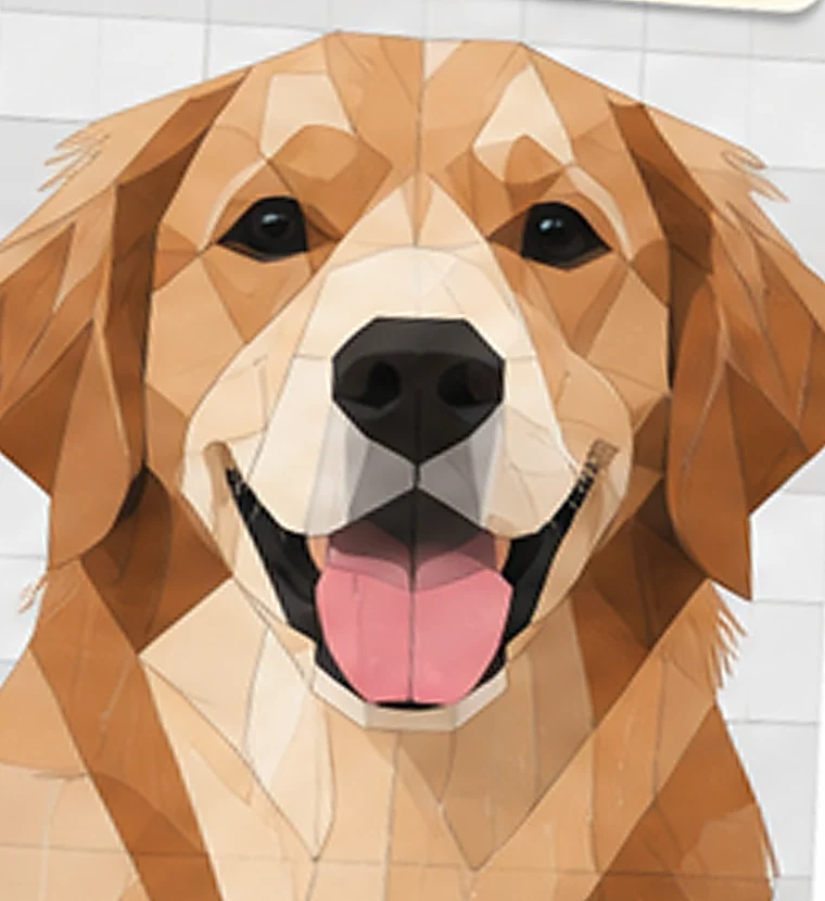 AI-generated geometric quilt-style illustration based on the golden retriever photo; not a printable FPP pattern